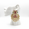 Kempu Polki Chandbali Earrings on mannequin ear stand, white background