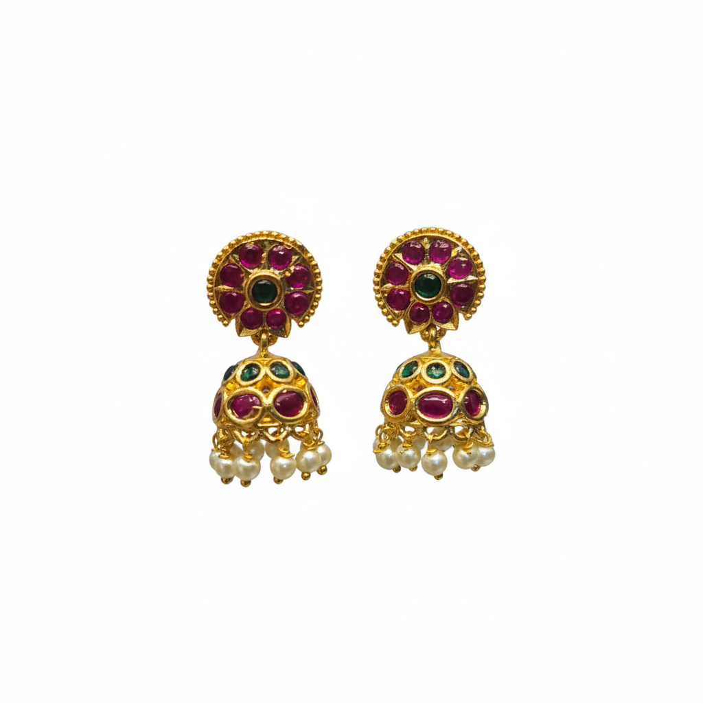 Kids Kempu Jhumki Earrings on white background – small gold-plated temple jewellery