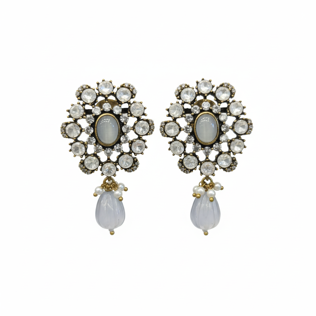 Victorian Polki Flower Studs White Moonstone White Background Studio Shot
