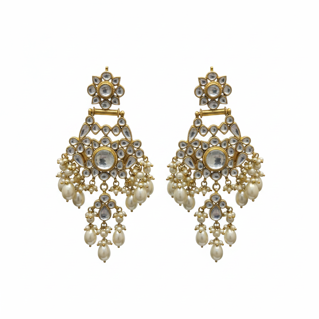 Jadau Kundan Chandbali - Pearl Drops variant on white background