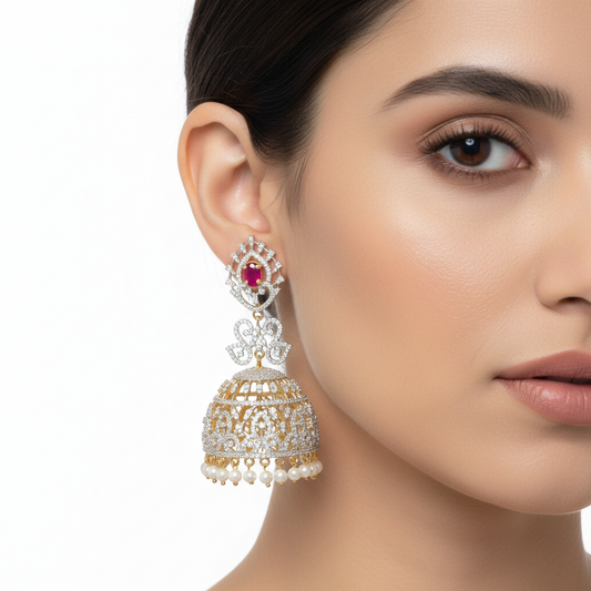 CZ Diamond Jhumka Earrings - Model Wear on White Background