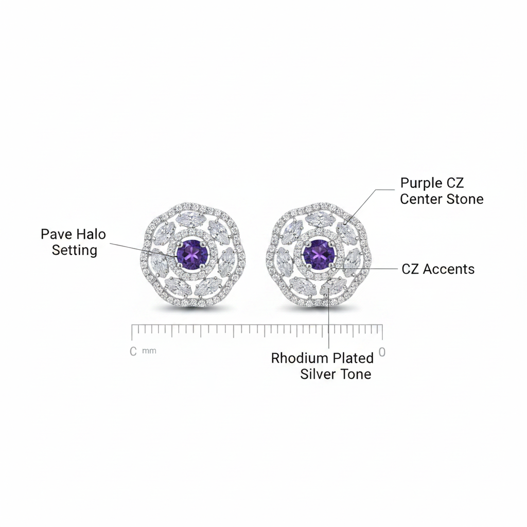 Purple CZ Halo Stud Earrings - Feature infographic