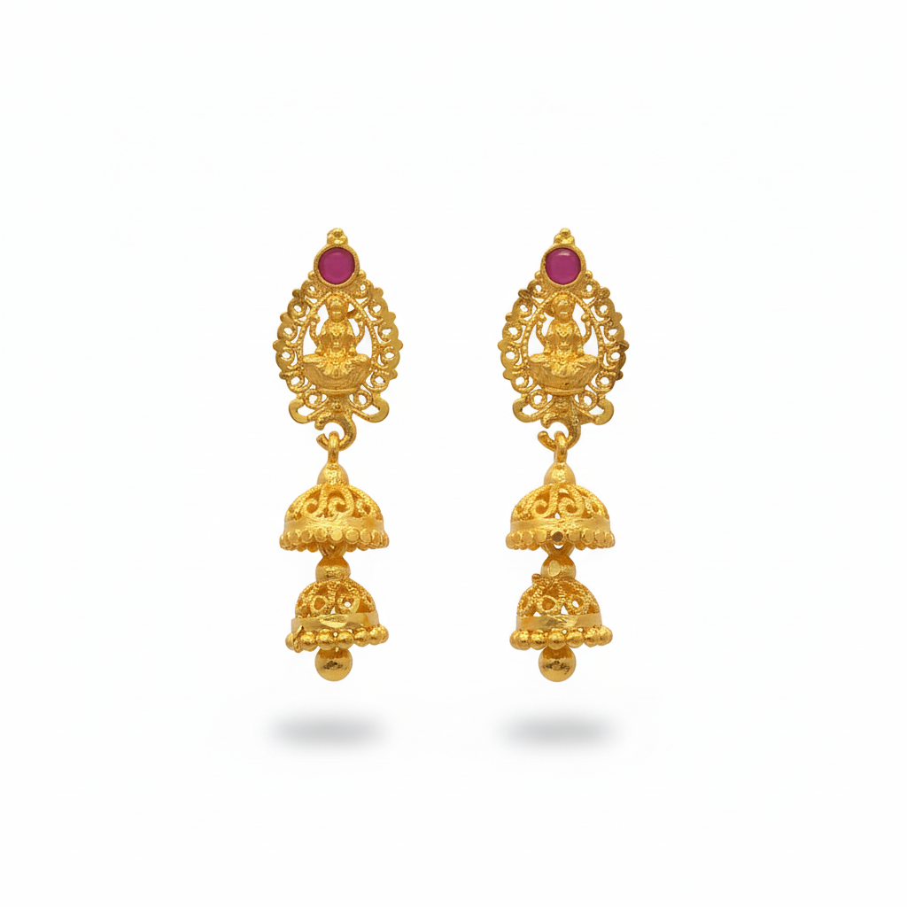 Lakshmi Temple Double-Tier Jhumka on white background
