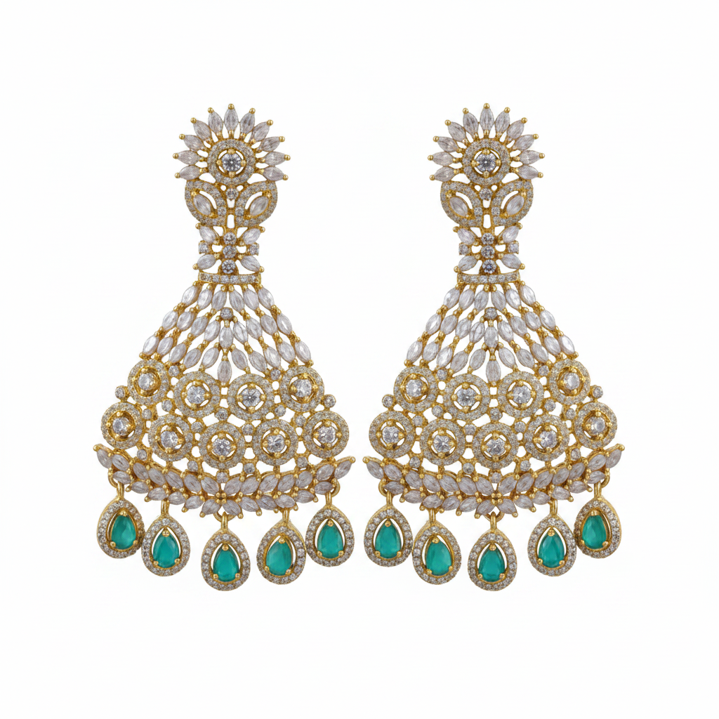 Grand CZ Chandbali Earrings Variant 1 Emerald Drops White Background