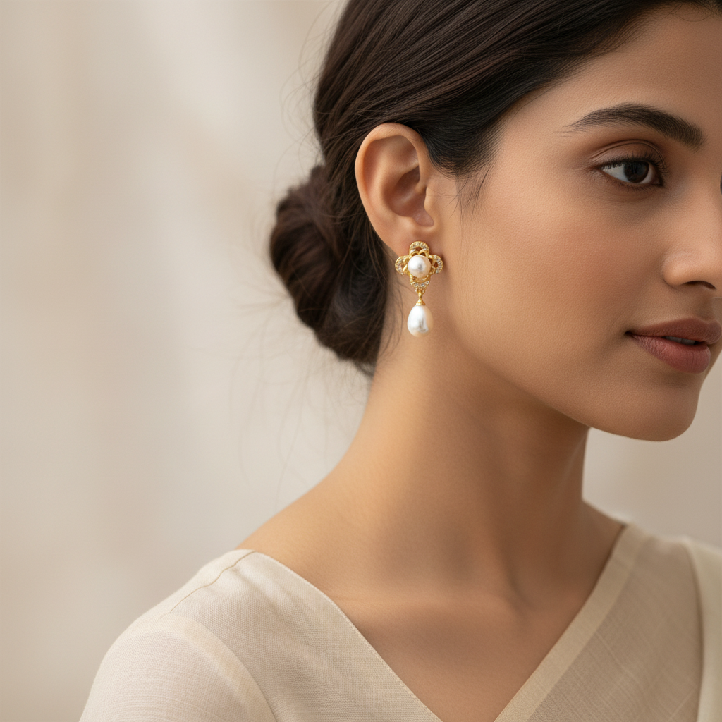 Flower Pearl Drop Earrings worn by model