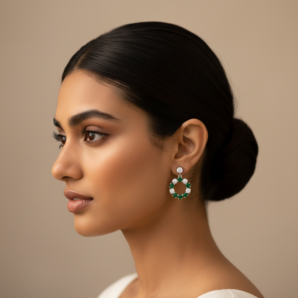 925 Silver Circular Emerald Crystal Wreath Earrings - Madrasi Screw