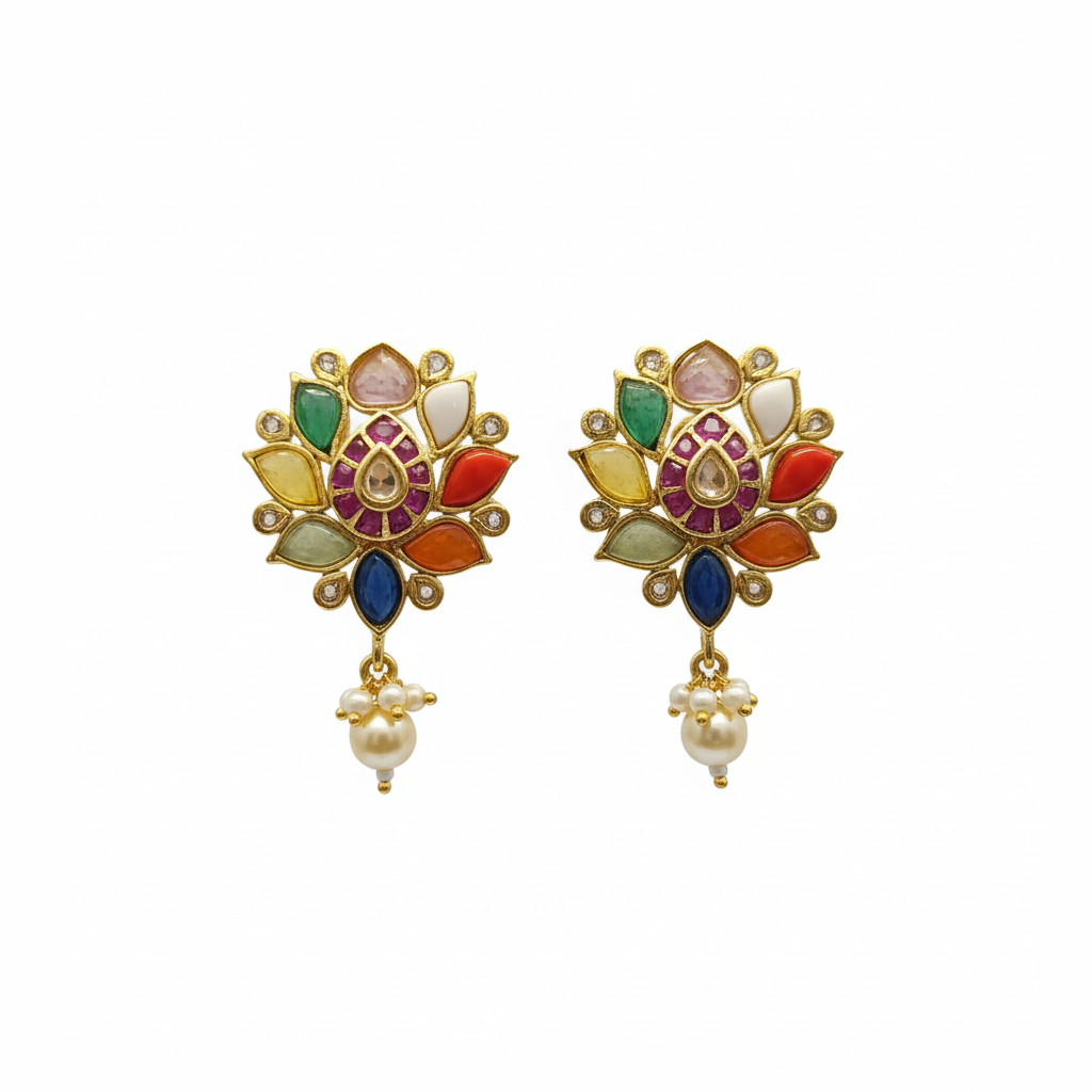 Navratna Lotus Earrings with pearl drops on white background