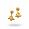 Gold temple jhumka earrings with pearl detailing on white background