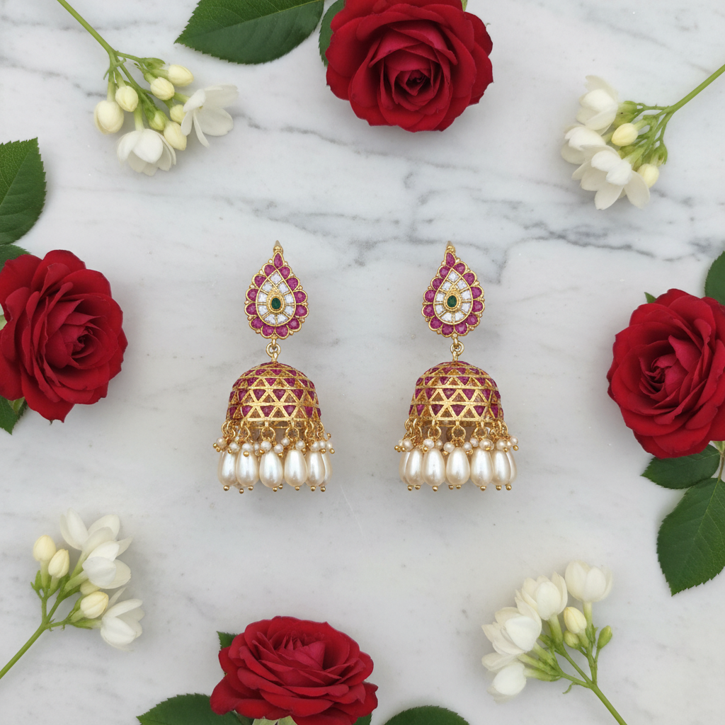 Jadau Kundan Teardrop Jhumka flat lay with roses – lifestyle styling