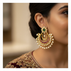 Indian model wearing Kundan Kempu Chandbali Earrings with pearl drops