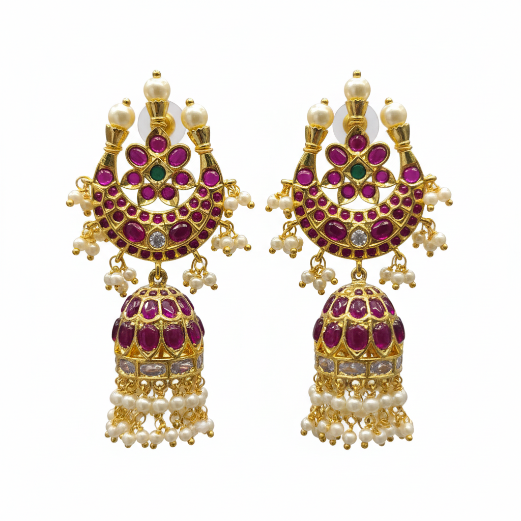 Grand Kempu Polki Chandbali Jhumka on white background