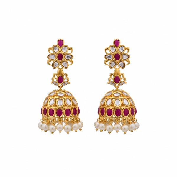 Polki Flower Jhumki Ruby - White Background Studio Shot