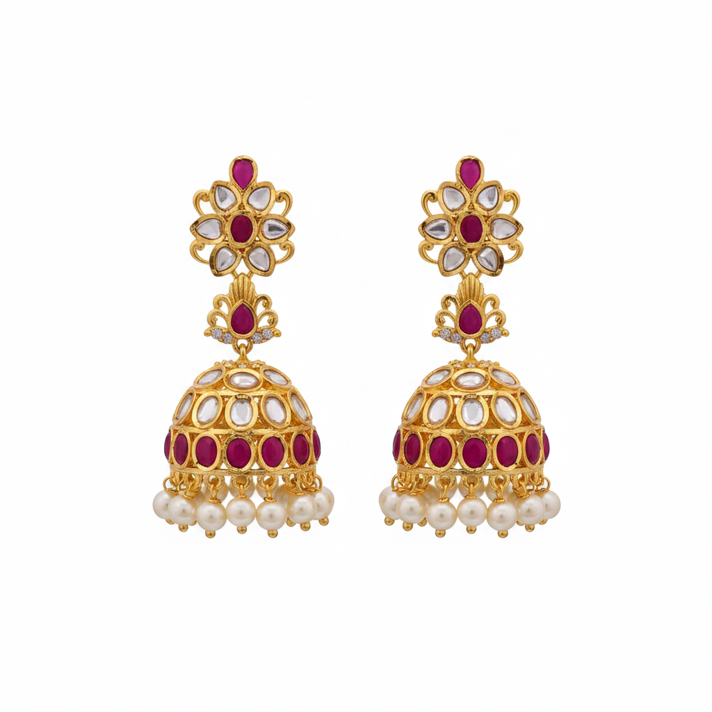 Polki Flower Jhumki Ruby - White Background Studio Shot