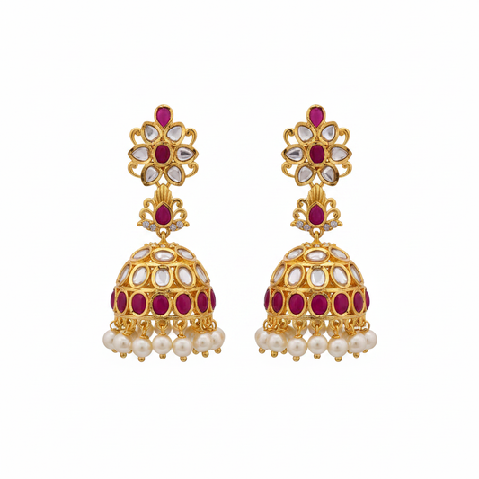 Polki Flower Jhumki Ruby - White Background Studio Shot