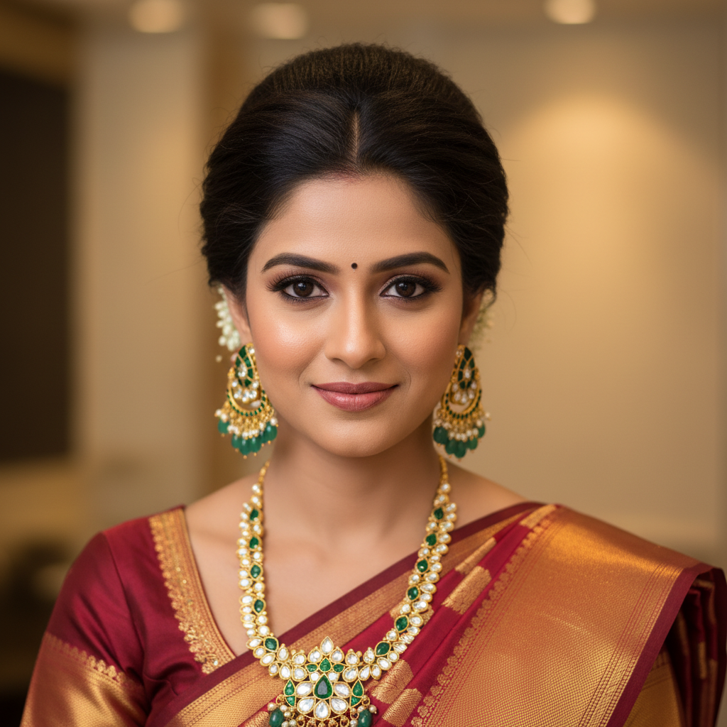 Indian model wearing Jadau Kundan Emerald Chandbali Earrings