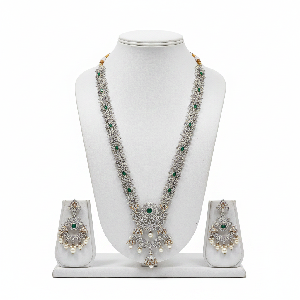 Emerald CZ Long Haram Necklace Set - Mannequin