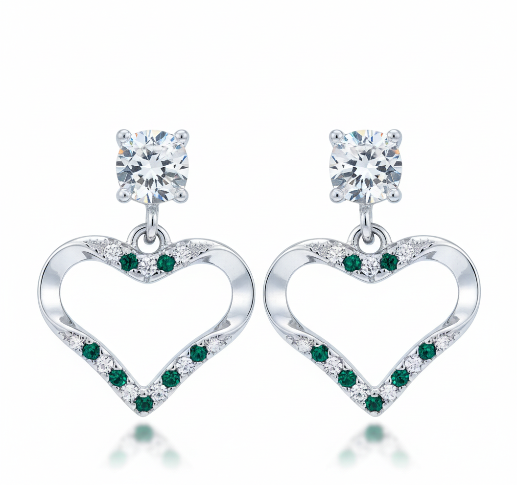 925 Silver Heart Earrings with Emerald Green Crystals