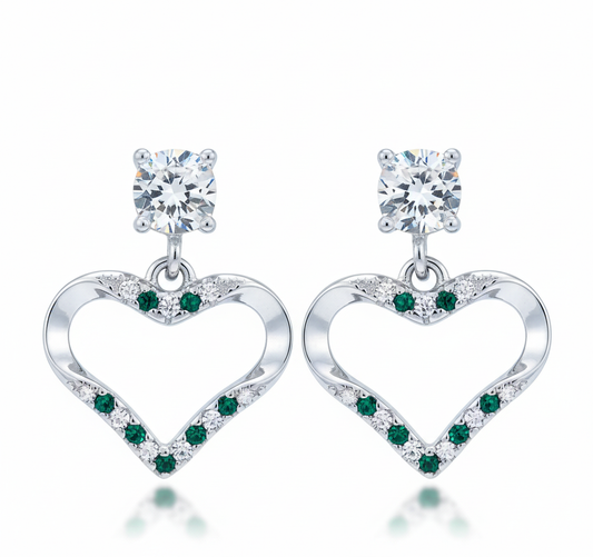 925 Silver Heart Earrings with Emerald Green Crystals