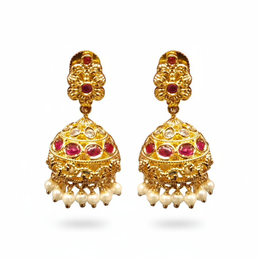Large Kempu Kundan Jhumka with Pearl Drops - White Background