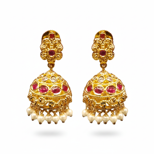 Large Kempu Kundan Jhumka with Pearl Drops - White Background