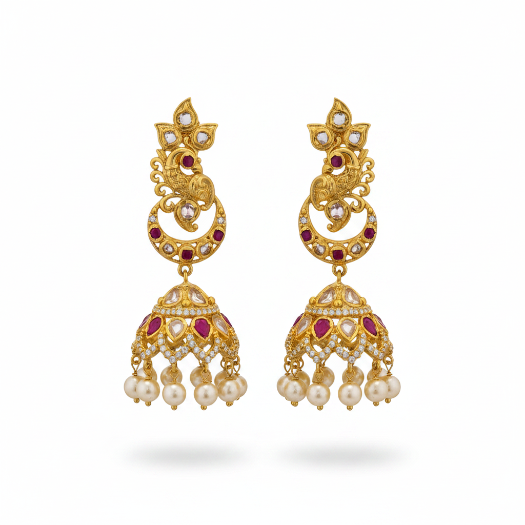 Gold Plated Polki CZ Jhumki Earrings - White Background Flat Lay