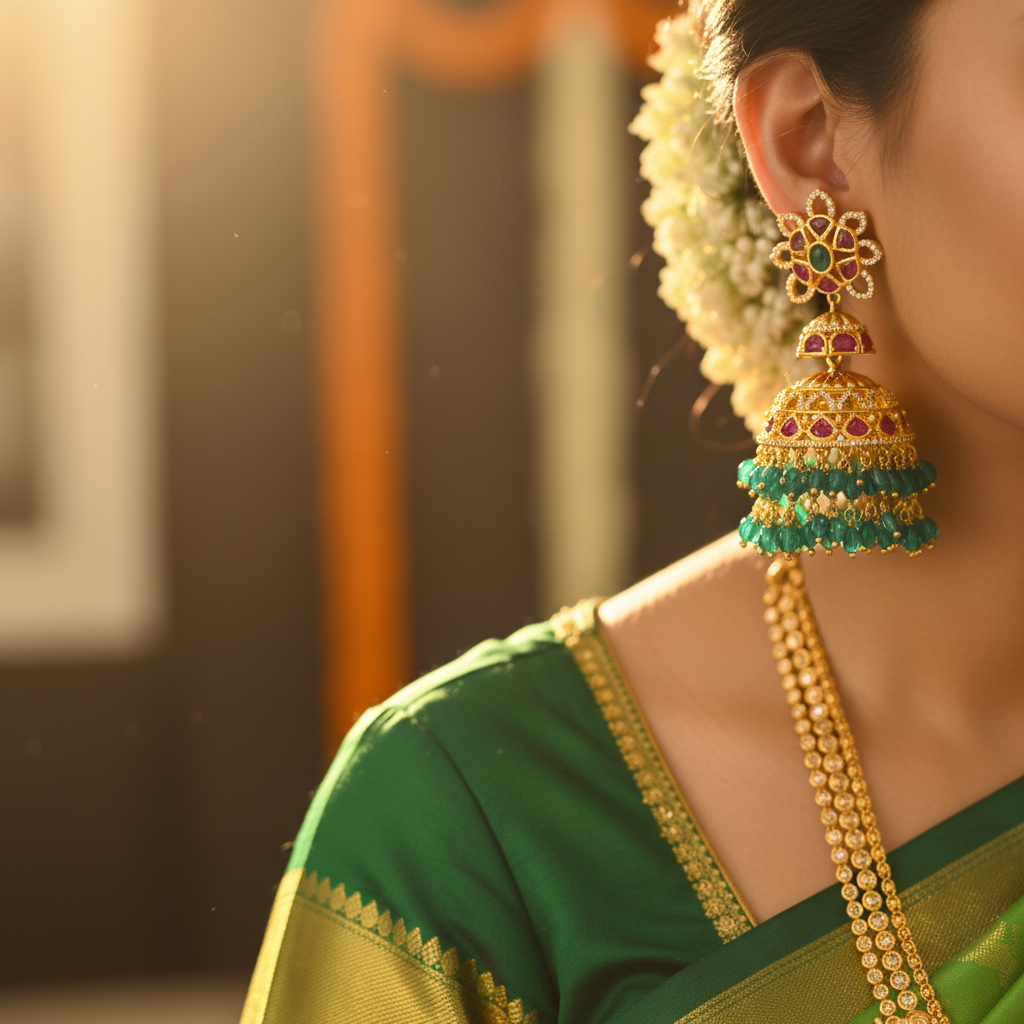 Kempu Emerald Jhumka lifestyle shot on Indian bride wearing green silk saree