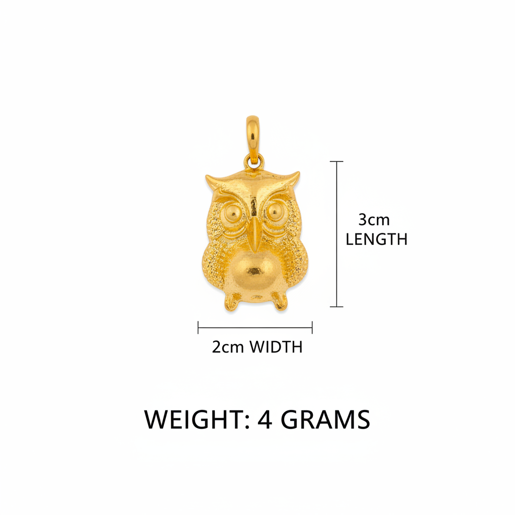 Gold Owl Locket infographic with dimensions and weight