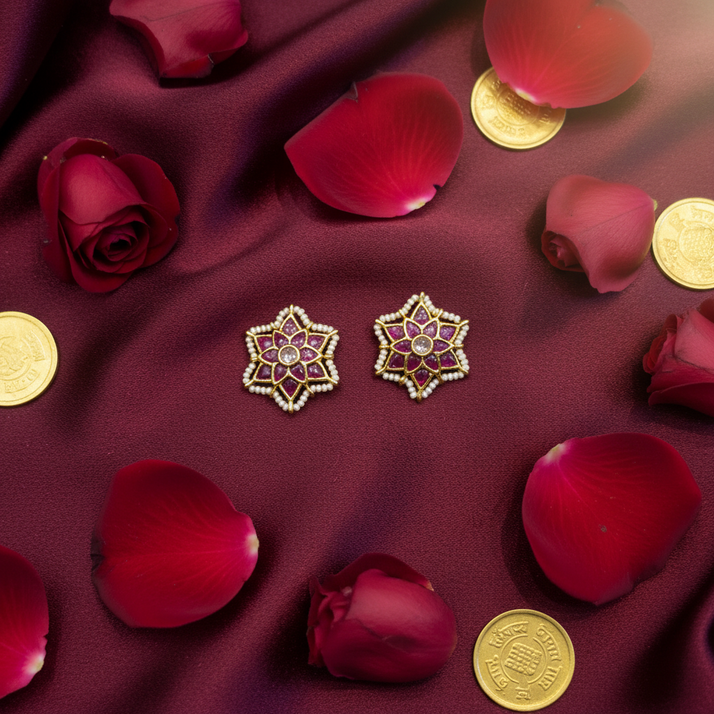 Kundan Ruby Star Stud Earrings flat lay on burgundy silk with rose petals