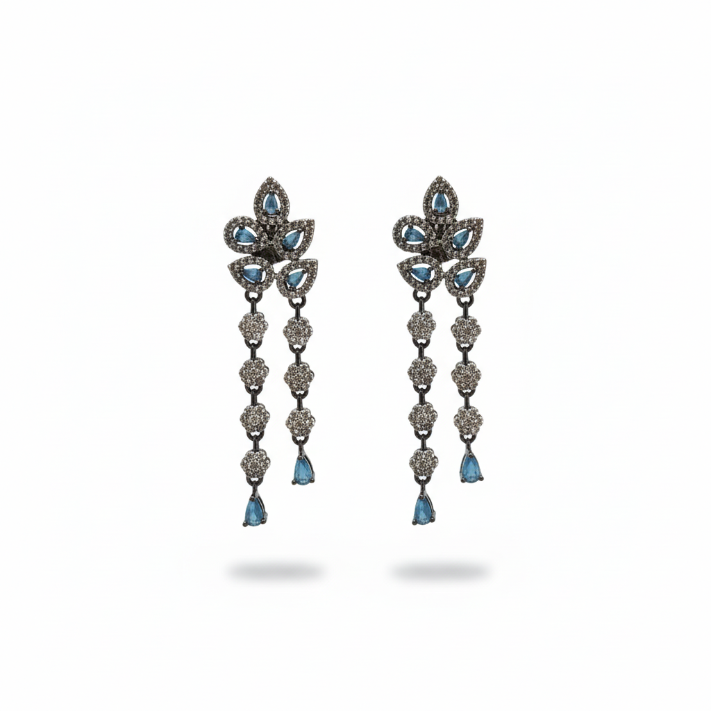 Victorian CZ Chandelier Drop Earrings - Blue Sapphire - White Background