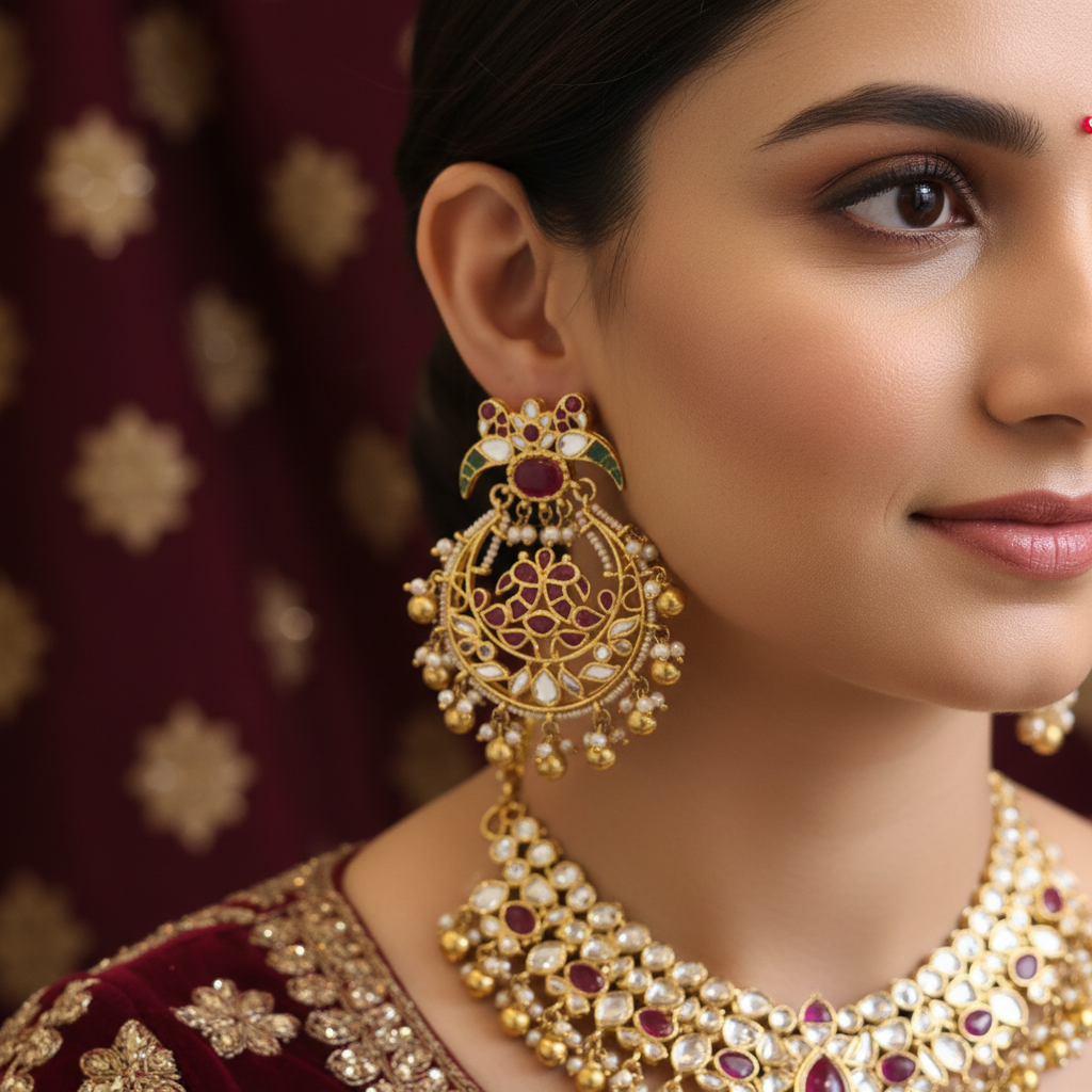 Indian model wearing Kempu Polki Chandbali Earrings in bridal attire