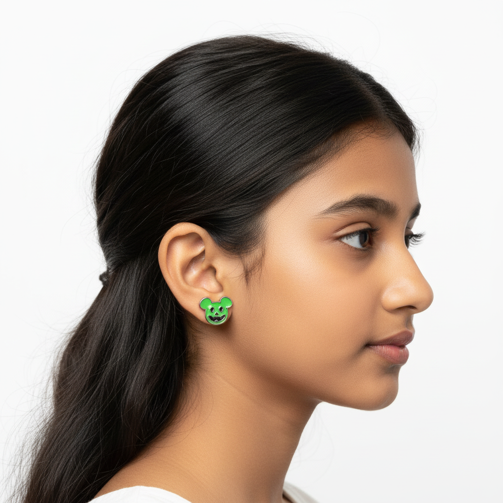 925 Silver Green Mouse Earrings for Kids - Smiling Character Studs