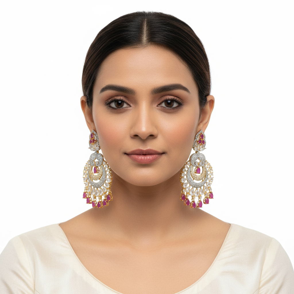 Model wearing Diamond Replica Chandbali Earrings Pink variant - ASP Fashion Jewellery