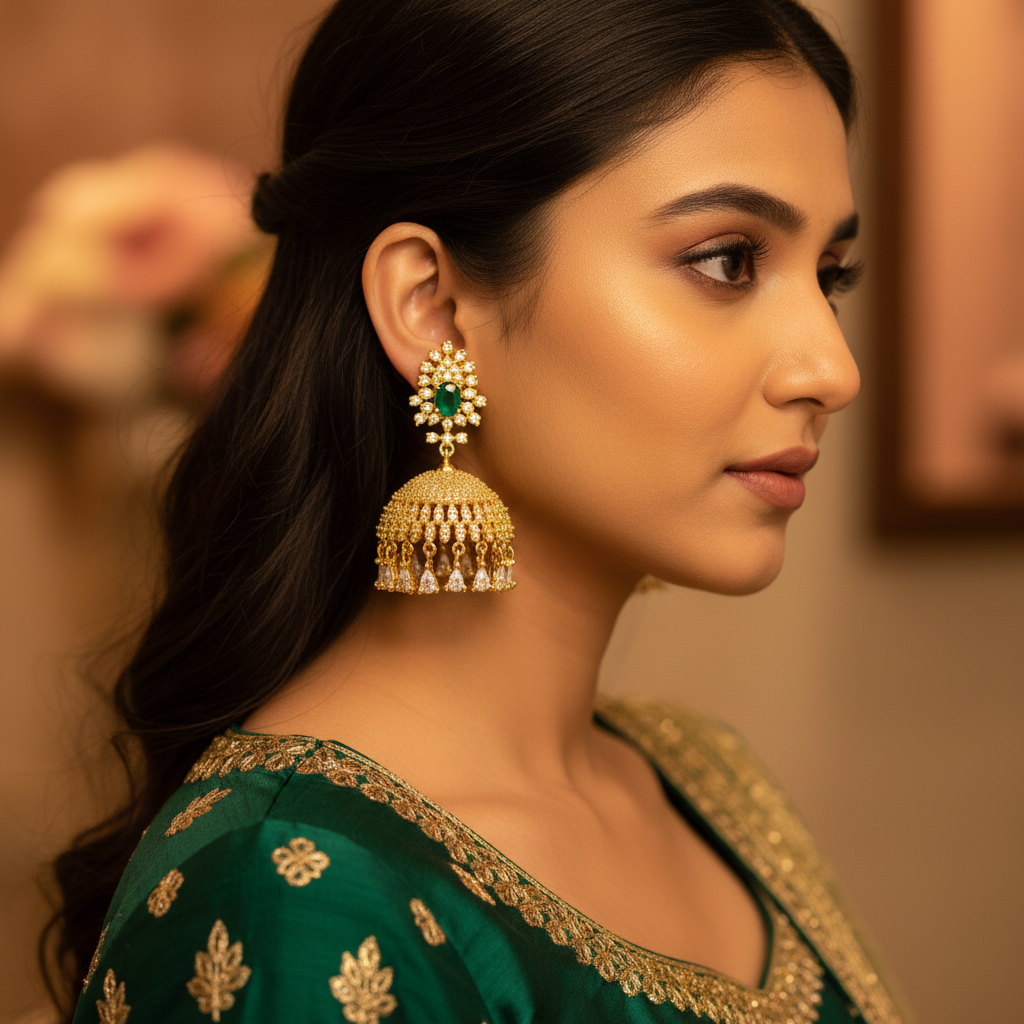 Indian woman wearing gold plated CZ jhumka earrings with emerald stone in ethnic wear