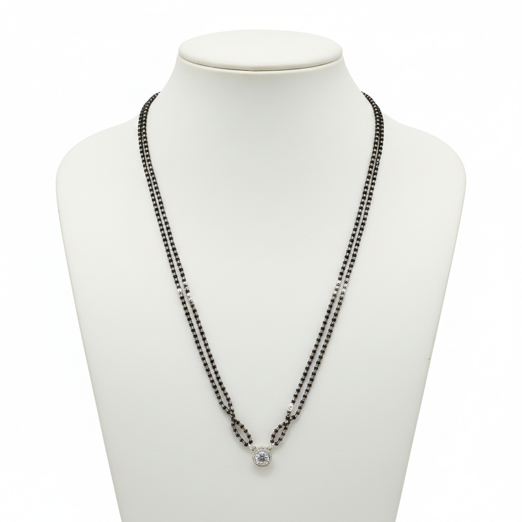 Long double strand black bead mangalsutra with round CZ halo pendant - mannequin display