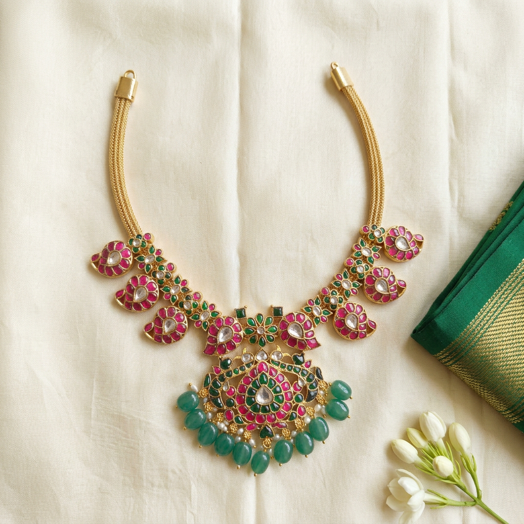 Jadau Kundan necklace cultural silk flat lay