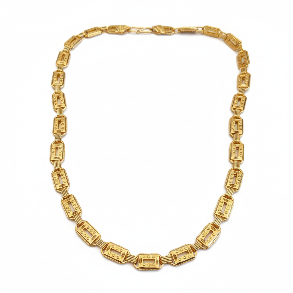 24K gold plated geometric temple link chain on white background