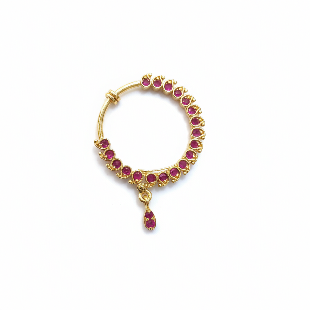 24K gold plated non-piercing nose ring with green and clear gemstones on white background