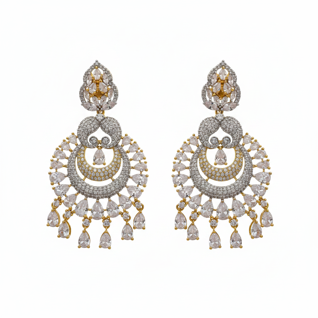 Flat lay Diamond Replica Chandbali Earrings White variant on white background