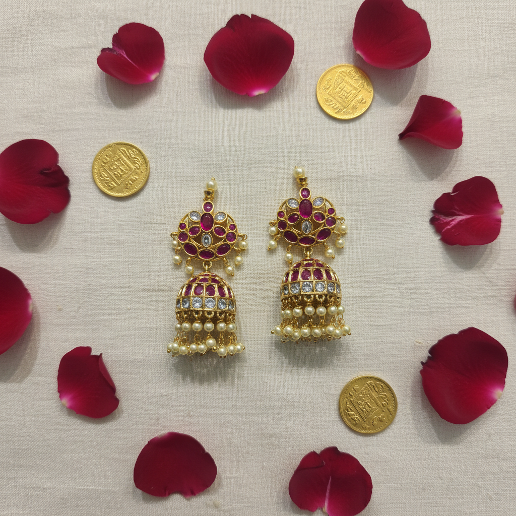 Kempu Ruby CZ Chandbali Jhumka - Flat Lay on Ivory Silk