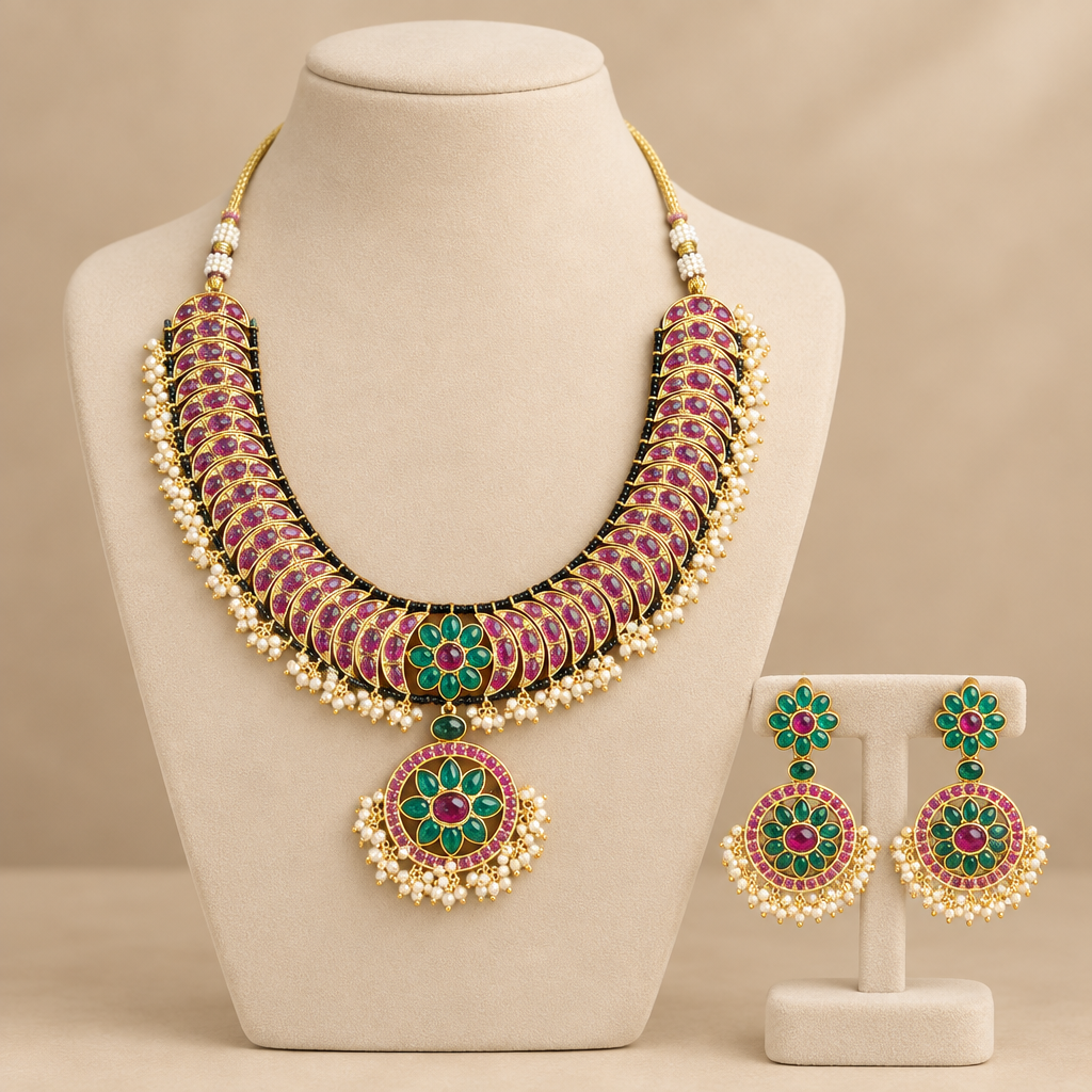 Kempu necklace displayed on cream jewellery bust with matching earrings