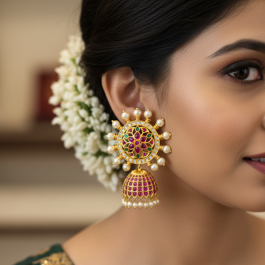 Model wearing Kempu Polki Chakra Jhumka