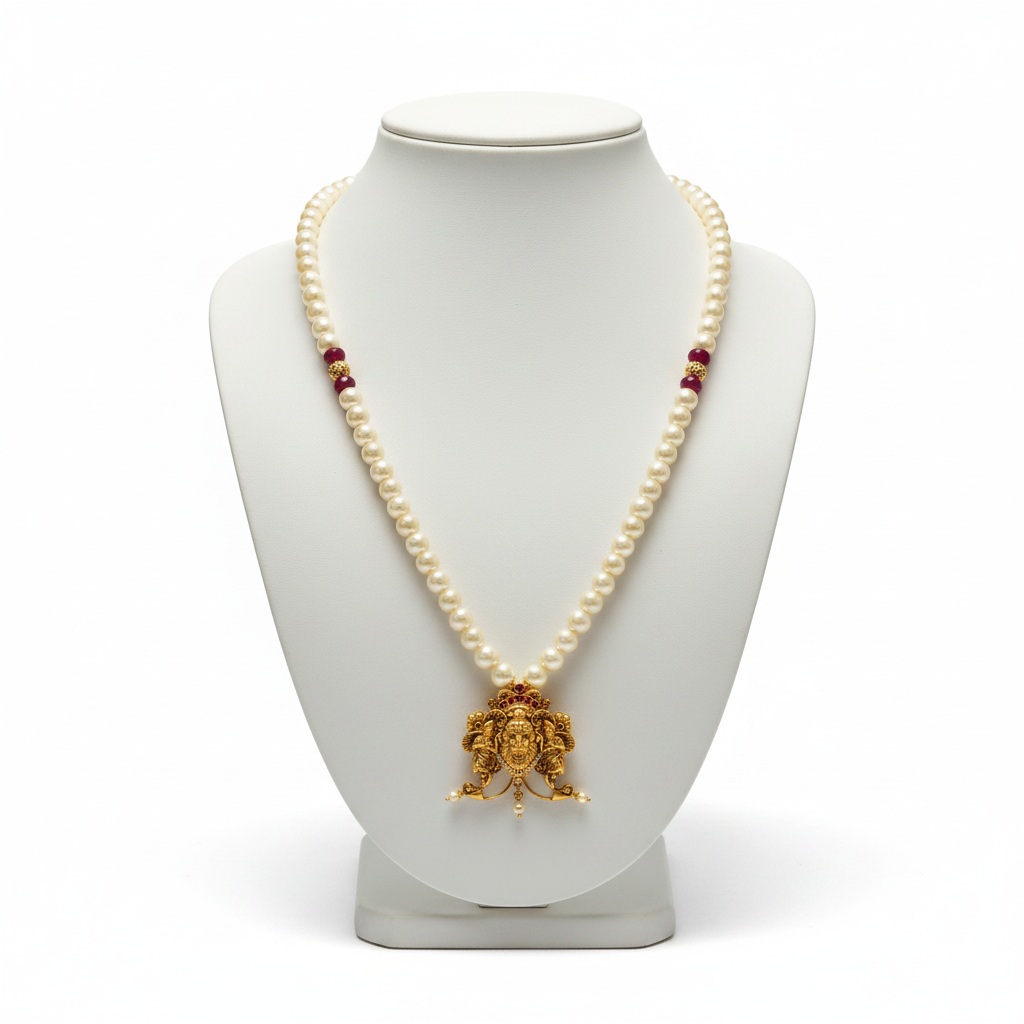 Narasimha temple pearl necklace displayed on mannequin