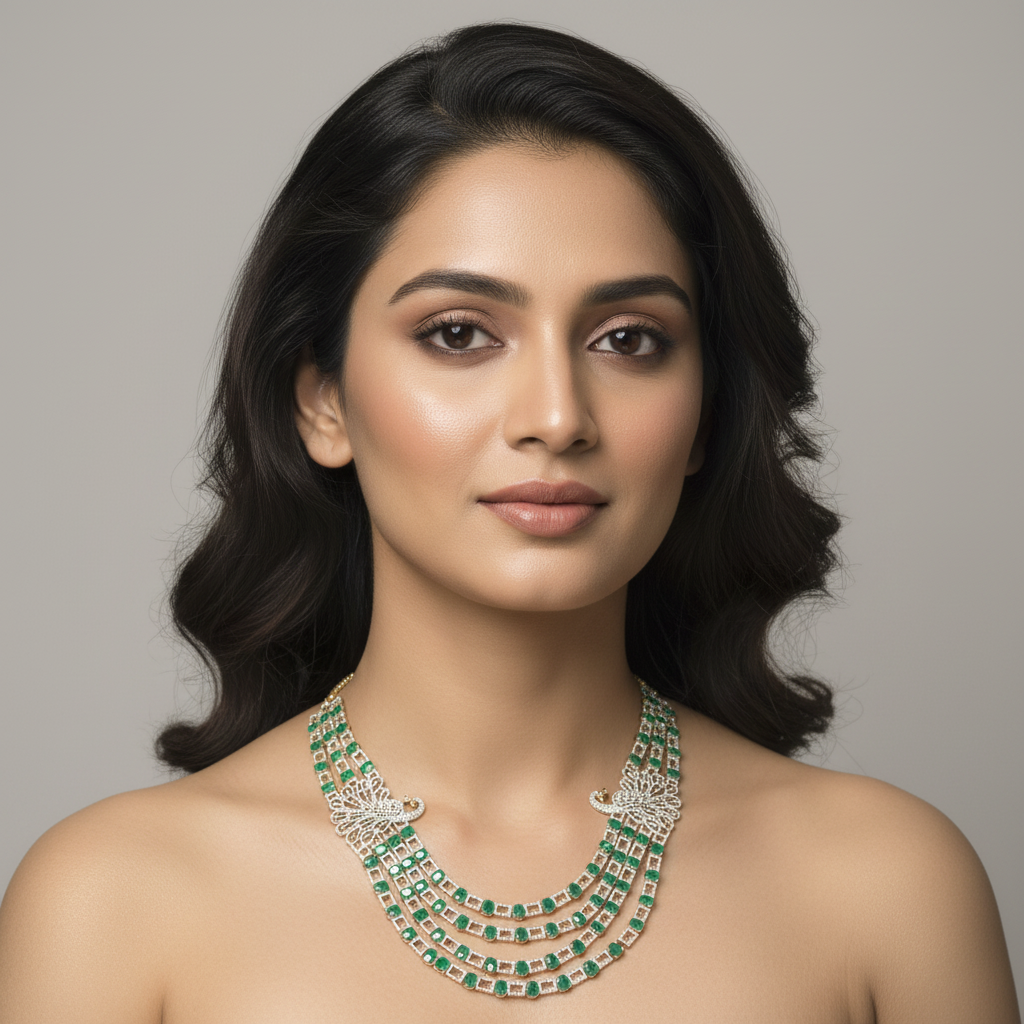 Emerald Peacock Multi-Strand Necklace – model wearing editorial shot
