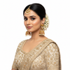 Model wearing Ruby Polki Long Drop Jhumka Earrings - lifestyle photo on white background
