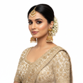 Model wearing Ruby Polki Long Drop Jhumka Earrings - lifestyle photo on white background