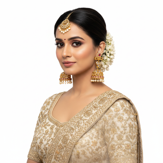 Model wearing Ruby Polki Long Drop Jhumka Earrings - lifestyle photo on white background