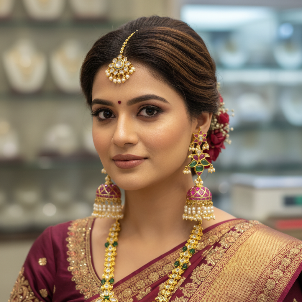 Long Kundan Emerald Jhumki - Model Wear