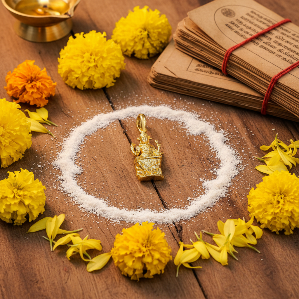 Dakshinamurthy gold pendant on sandalwood with vibhuti and yellow flowers – devotional styling