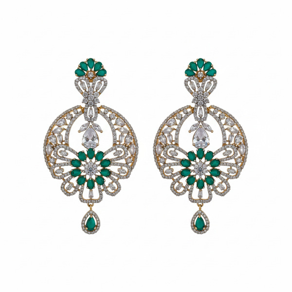 CZ Open Lattice Chandbali Earrings - Emerald Green White Background