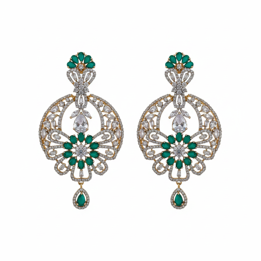 CZ Open Lattice Chandbali Earrings - Emerald Green White Background